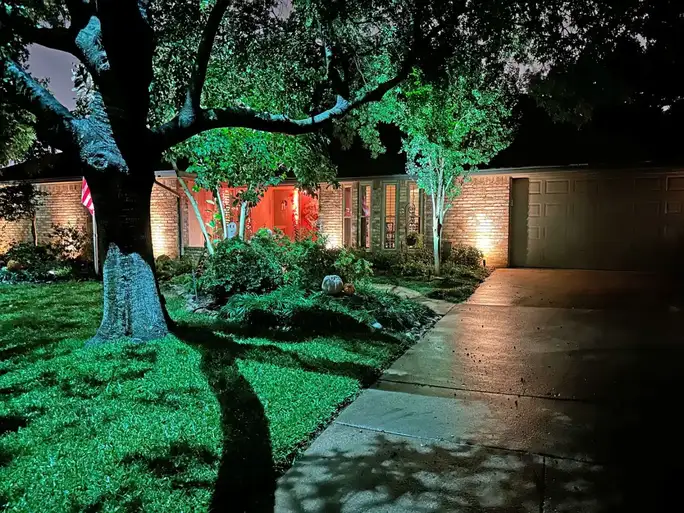 Landscape lighting by TC Lighting in Arlington, TX — photographed after dark on the property