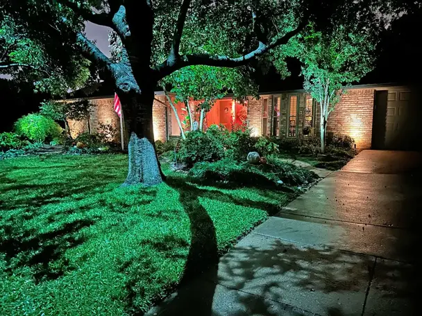 Landscape lighting by TC Lighting in Arlington, TX — photographed after dark on the property