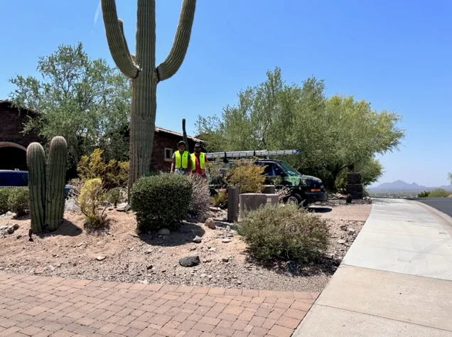 The TC Lighting van parked at a Scottsdale, Arizona property in daylight, beside a mature saguaro